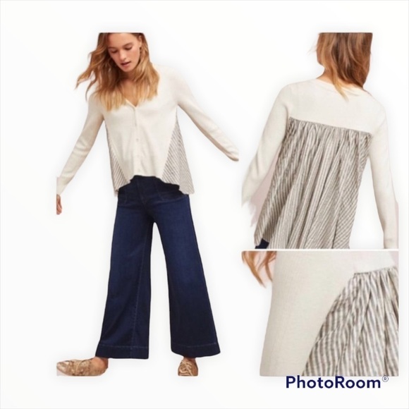 ANTHROPOLOGIE MOTH Cream Ivory Striped Back Mixed Media Swing Cardigan Sweater S - Picture 1 of 10